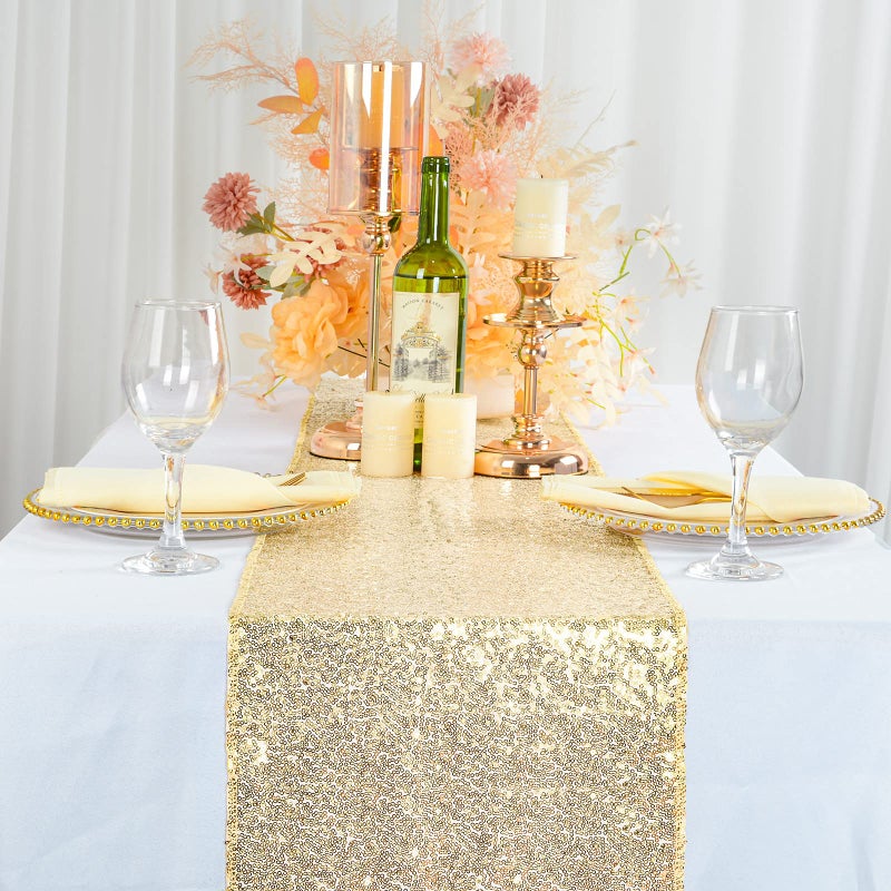 ShiDianYi Sequin Table Runner - Light Gold, 14x108-Inch Sequence, Sparkly Table Cover for Bridal Showers & Parties - Image 1